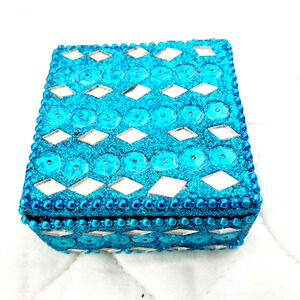 Vintage Rare Trinket Box Beaded Mirrored Lidded 2" Square Small Wooden Jeweled